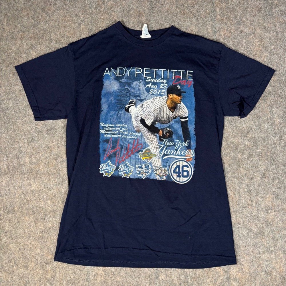 Gildan Andy Pettitte Day T-Shirt Mens L Navy Excellent NY Yankees Retirement 46